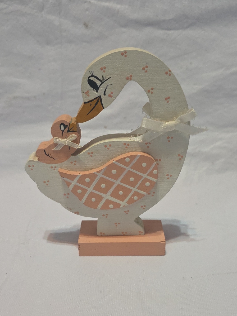 Wooden Hand Painted Goose Gosling Shelf Sitter Figurine Peach White Cottagecore
